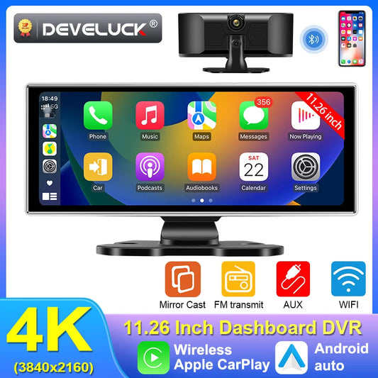Develuck 11.26" 4K Dash Cam Rear view Camera Wireless Carplay Android Auto Dual Lens Car DVR Video Recorder AUX GPS BT Monitor